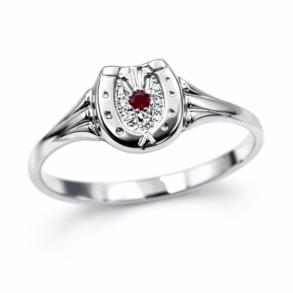 Sterling Silver 925 Small Lucky Horse Shoe Horseshoe Ring Set with Ruby