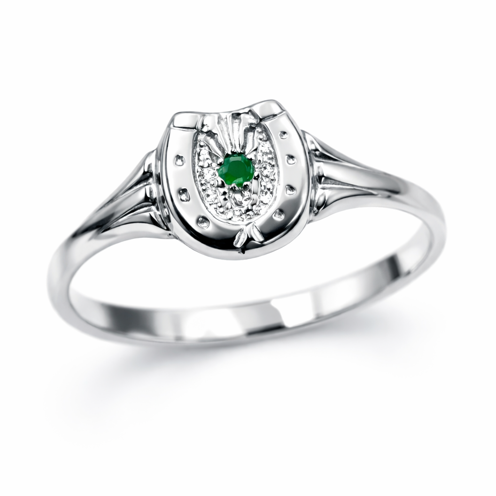 Sterling Silver 925 Small Lucky Horse Shoe Horseshoe Ring Set with Emerald
