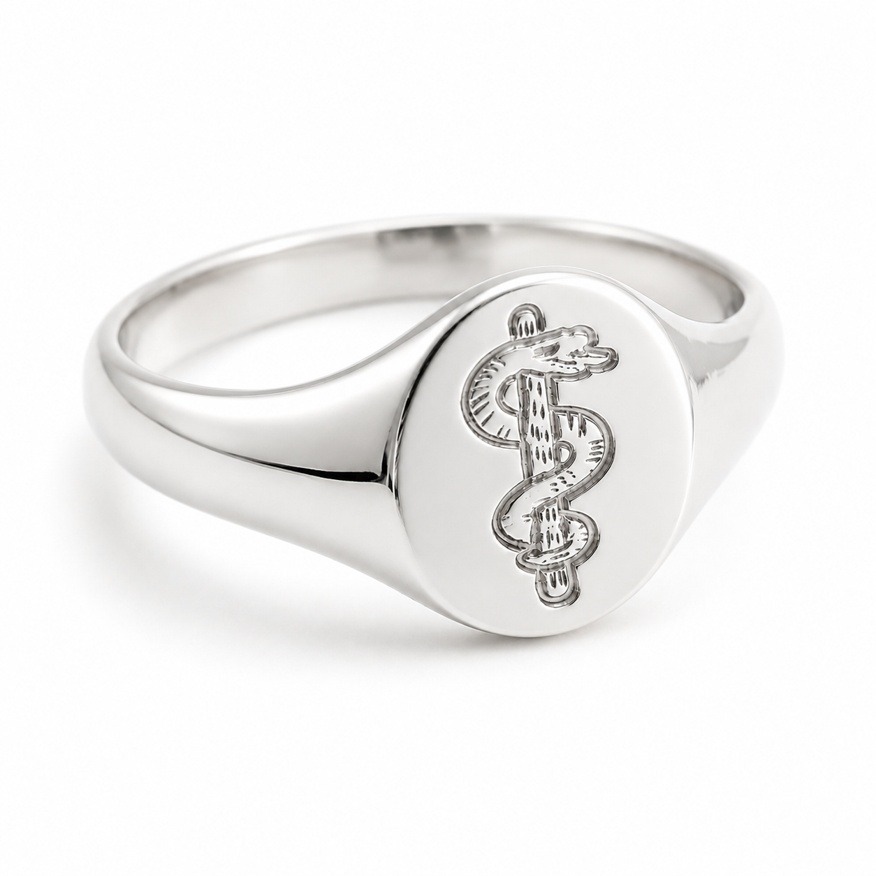 Genuine 9ct 9K 375 Yellow Gold Oval Signet Ring Engraved Rod of Asclepius - Choose your size