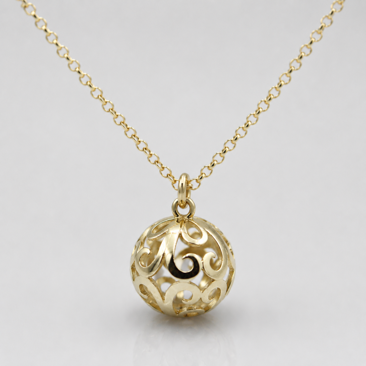 Genuine 9ct 9k 375 Yellow Gold Belcher Cable Chain Necklace 50cm + Filigree Ball Pendant