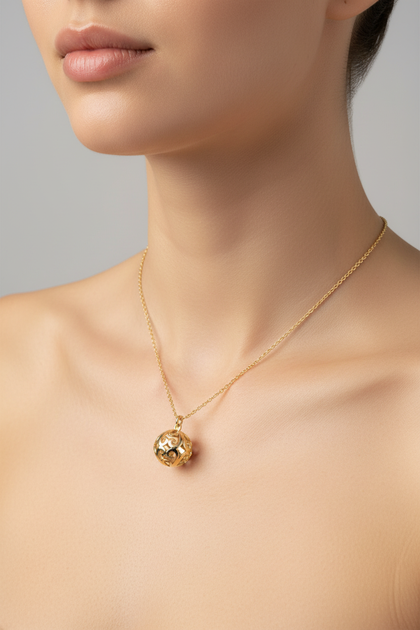 Genuine 9ct 9k 375 Yellow Gold Belcher Cable Chain Necklace 50cm + Filigree Ball Pendant