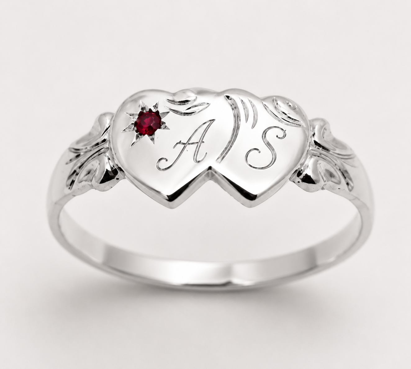 Genuine 9ct 9k 375 Yellow, Rose or White Gold Double Heart Ruby Signet Ring - July Birthstone Plus Engraving