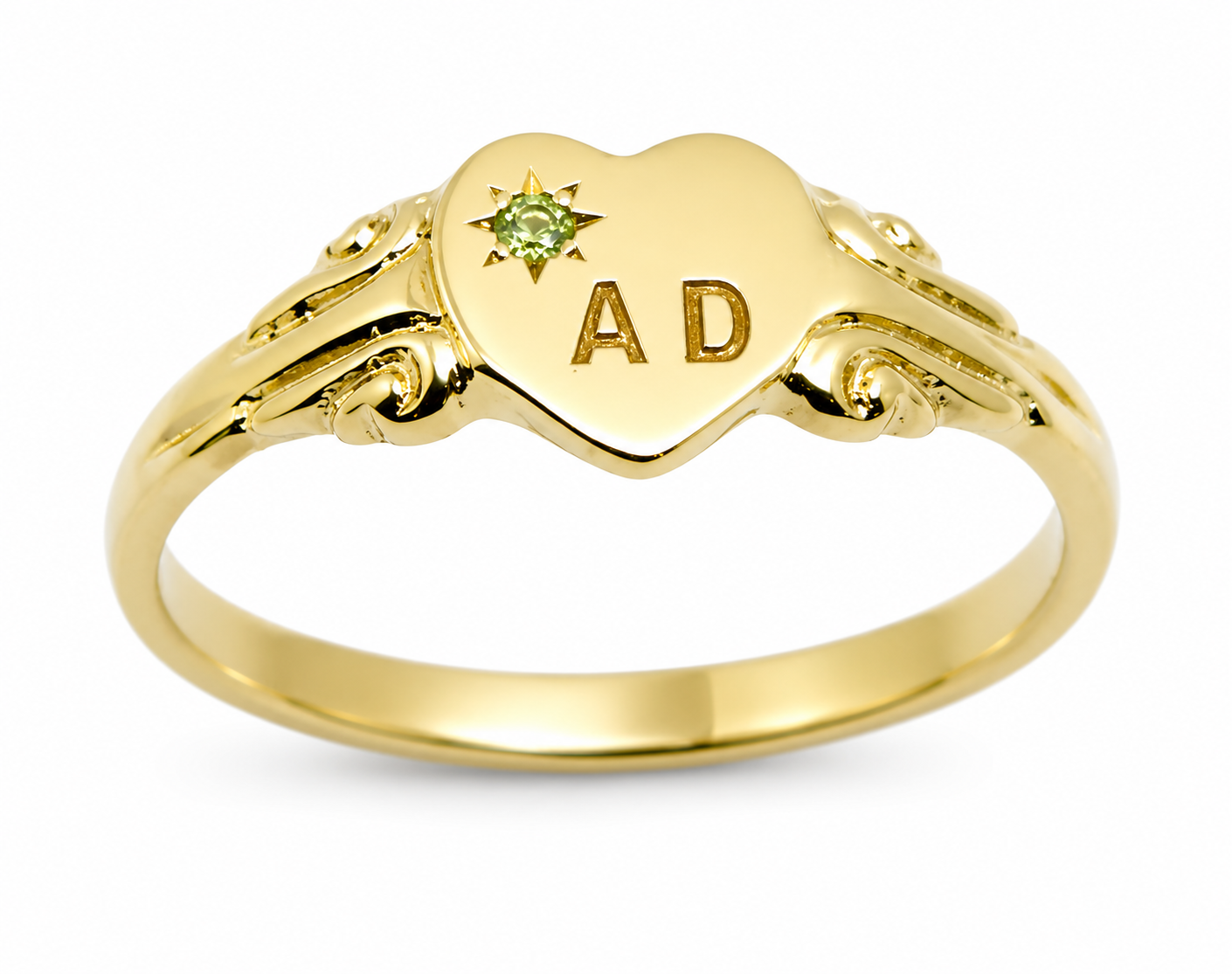 Size J, August Birthstone 9ct 9k Yellow, Rose or White Gold 375 Green Peridot Stone Heart Signet Ring + Engraving