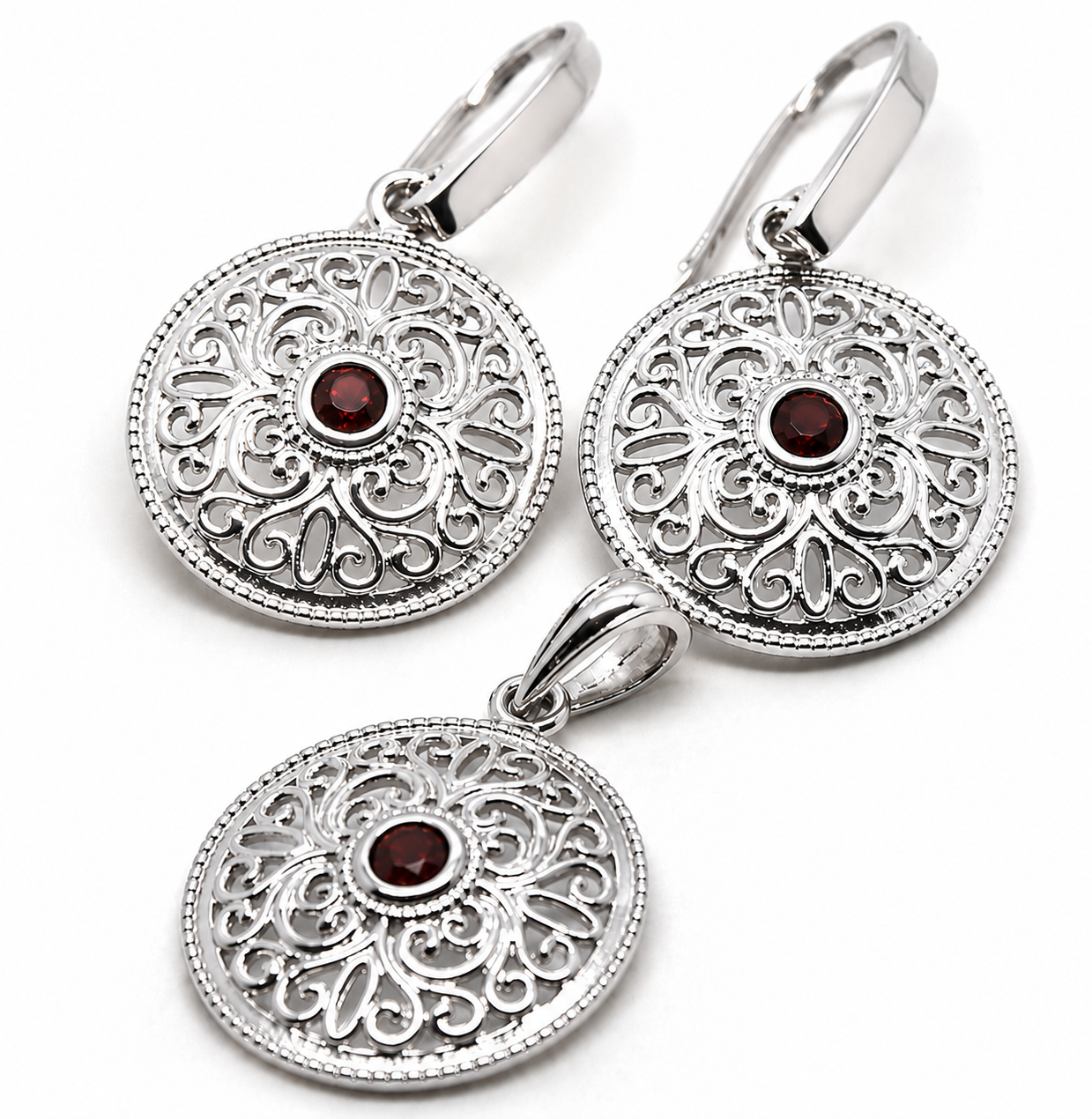 Kaedesigns Genuine 9K 9ct 375 Yellow, Rose or White Gold Filigree Ruby Pendant & Earrings Set