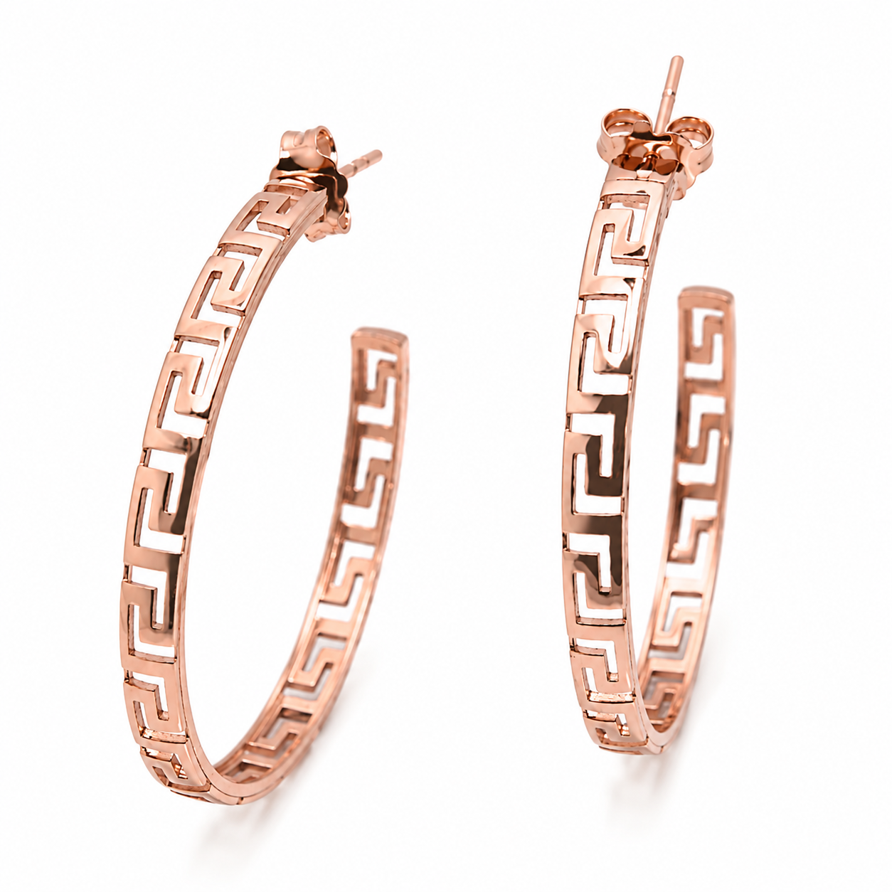 Kaedesigns, 9ct 9k 375 Yellow Or White Or Rose Gold Greek Key Large Hoops Stud Earring
