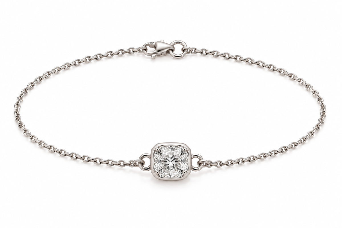 Genuine 9ct 9k 375 Yellow, Rose or White Gold Certified Lab Grown 1.2ct Diamond Cushion Cut Belcher 20cm Bracelet