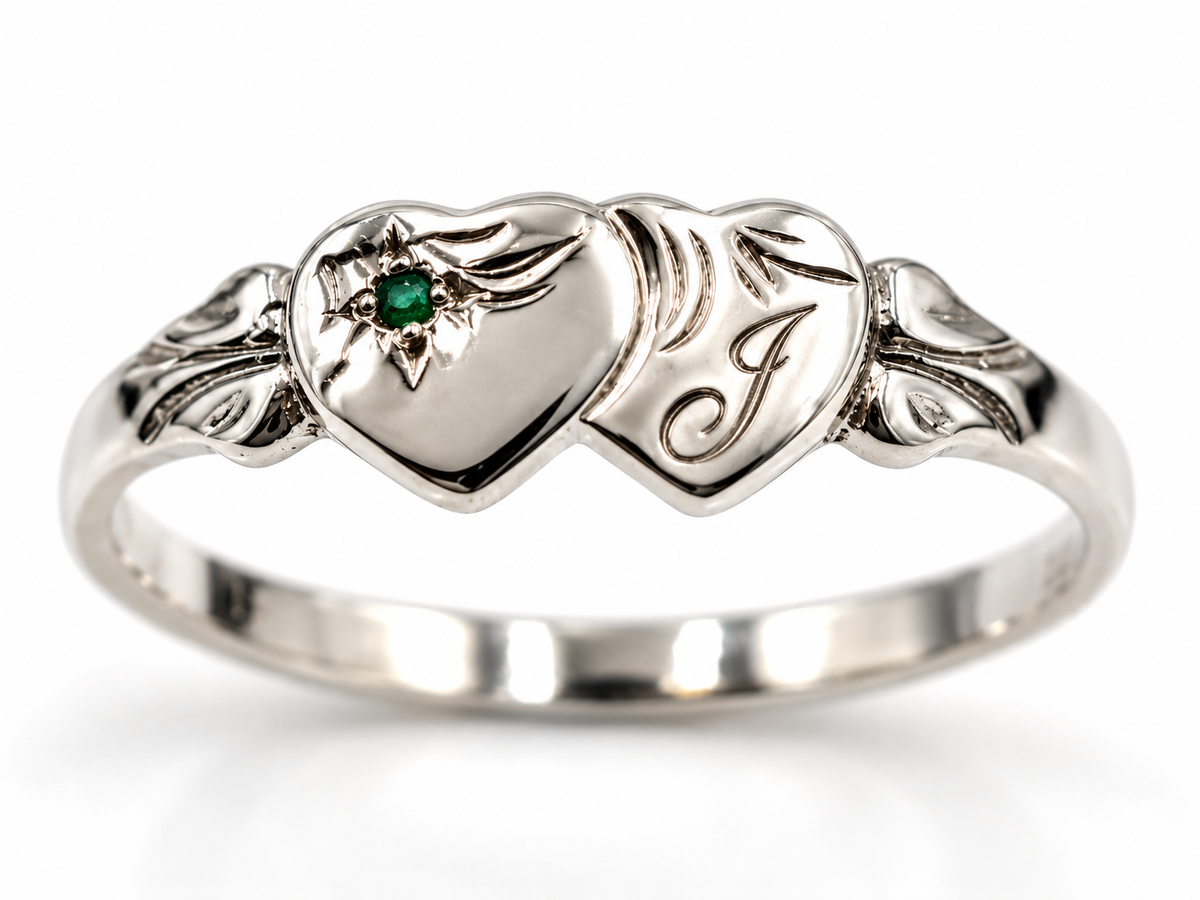 Solid New Sterling Silver Double Heart Signet Ring Emerald Set plus Engraving