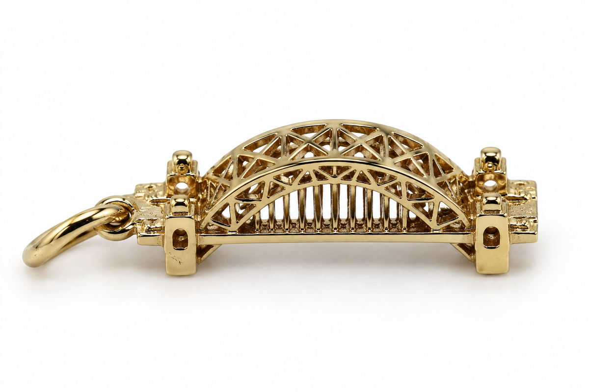 9ct yellow gold Sydney Harbour Bridge charm with detailed arch, towers and jump ring