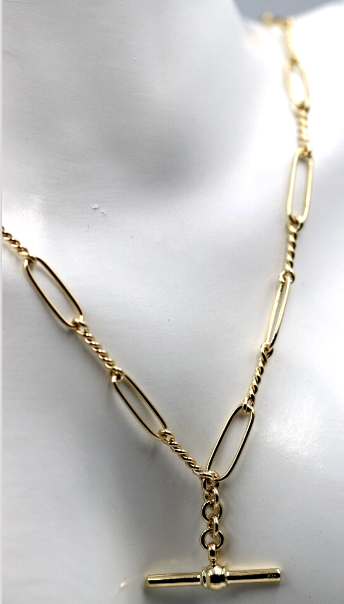 Genuine New Handmade PaperClip 9ct Yellow, Rose or White Gold Paper Clip Chain Necklace with T-Bar