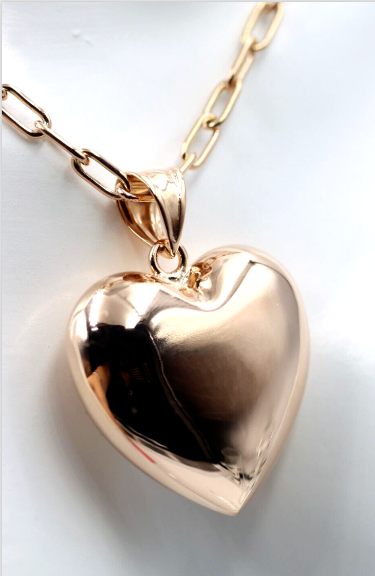 Genuine 9ct Yellow, Rose or White Gold Handmade Paperclip + Bubble Heart 45cm Necklace