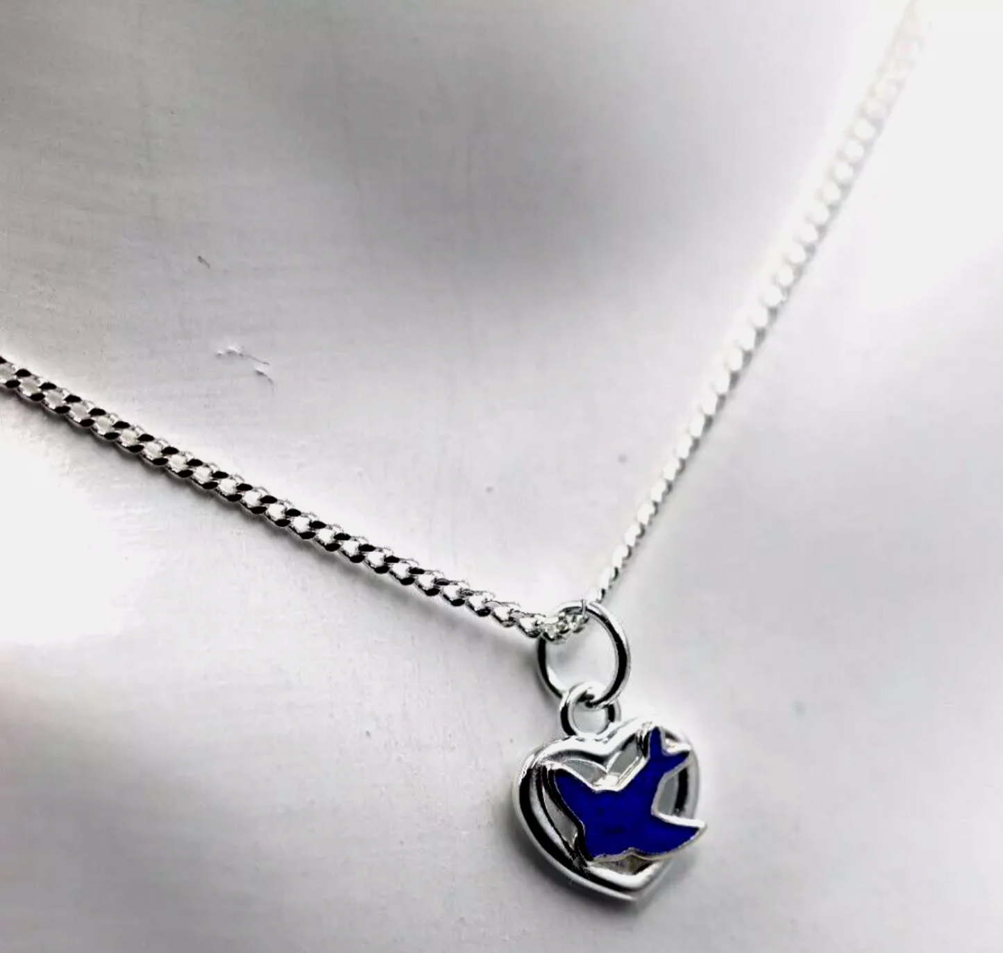 Sterling Silver Heart Enamel Blue Bird Pendant / Charm + 42cm Necklace