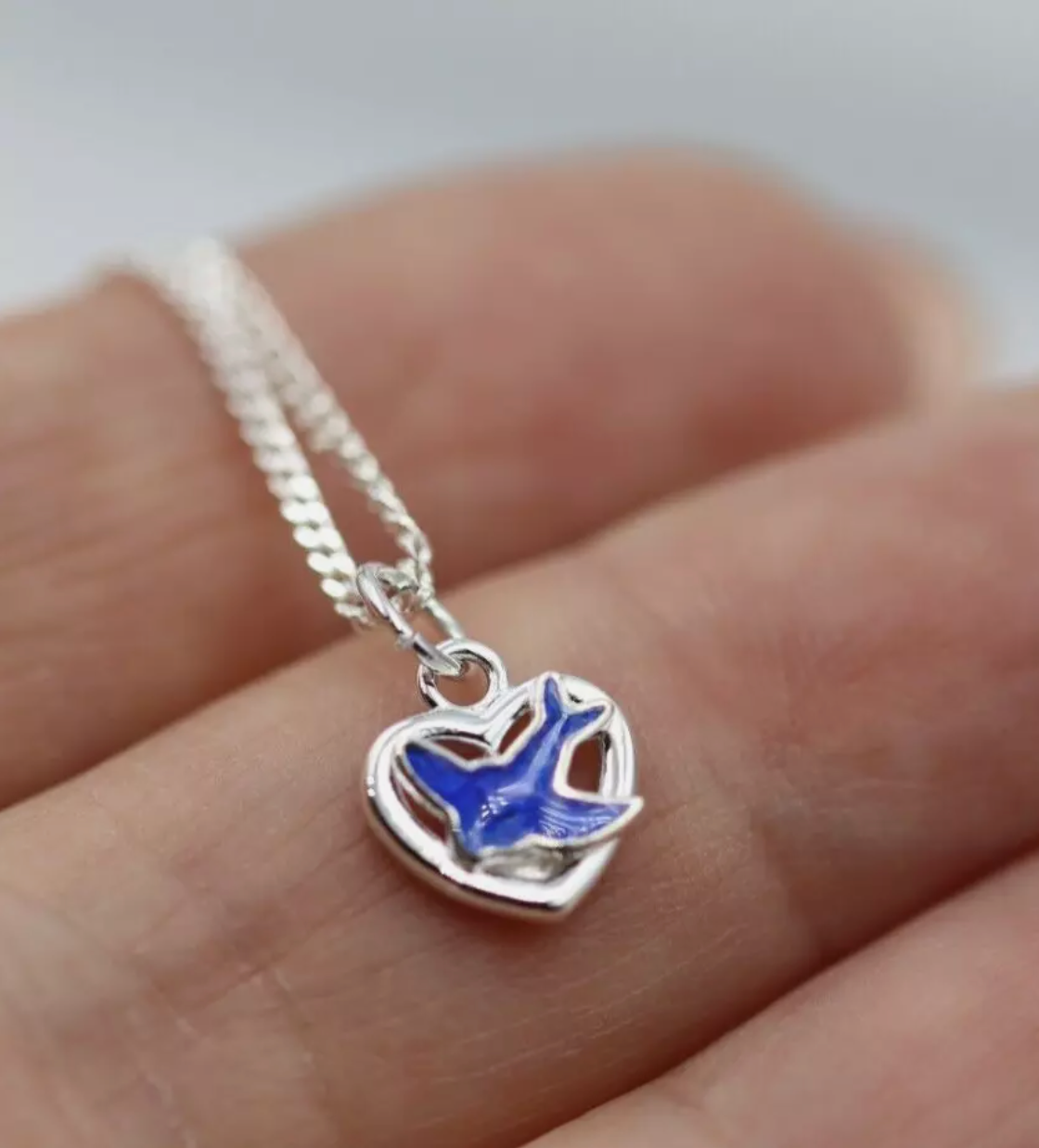 Sterling Silver Heart Enamel Blue Bird Pendant / Charm + 42cm Necklace