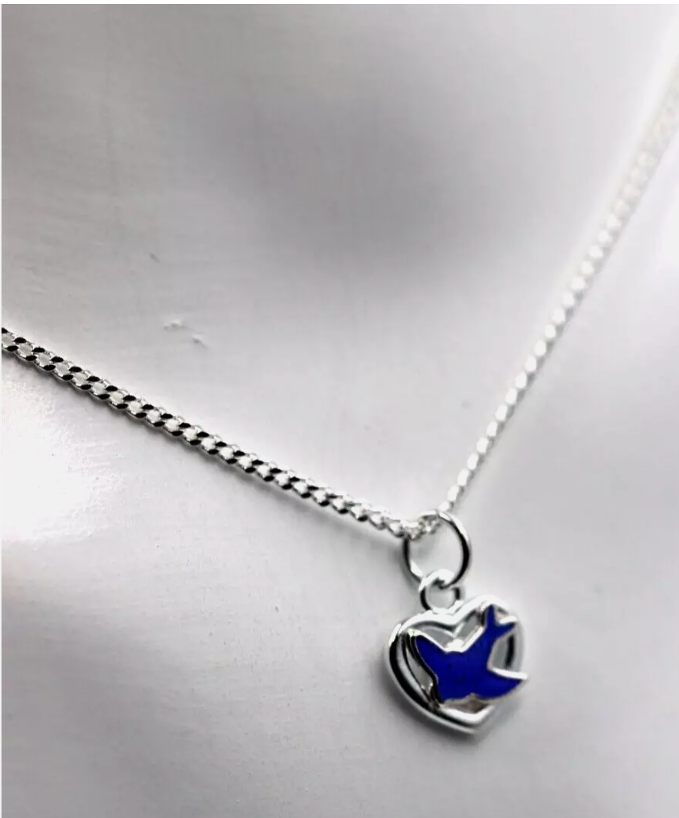 Sterling Silver Heart Enamel Blue Bird Pendant / Charm + 42cm Necklace