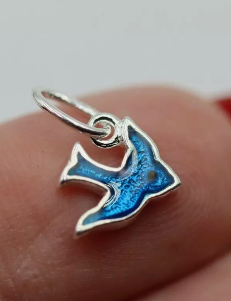 Genuine Sterling Silver 925 Enamel Blue Bird Pendant / Charm