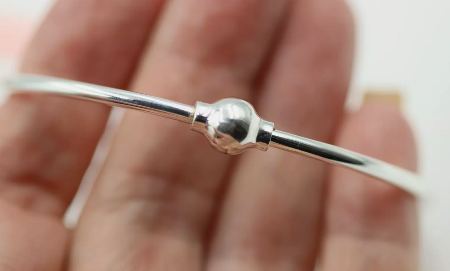 Solid Sterling Silver 925 Oval Bangle with Screw Ball Clasp - 3 sizes