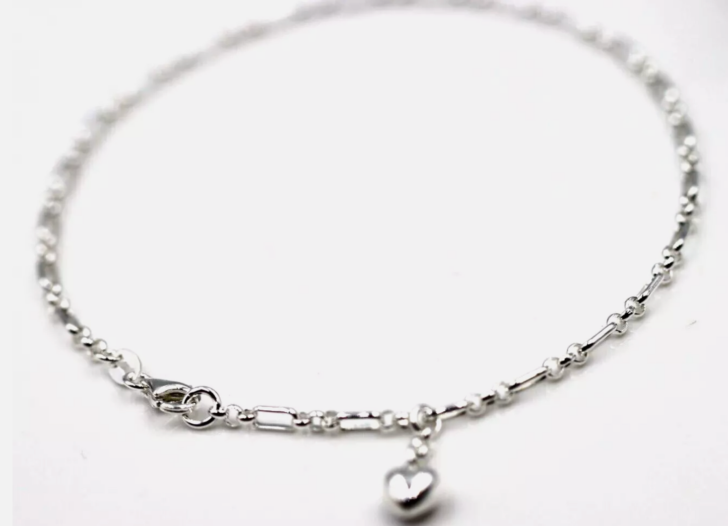 Sterling Silver 925 Figaro Belcher Anklet with Bubble Heart Charm 26cm