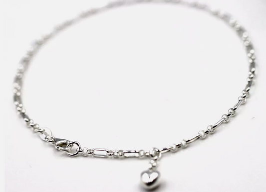 Sterling Silver 925 Figaro Belcher Anklet with Bubble Heart Charm 26cm