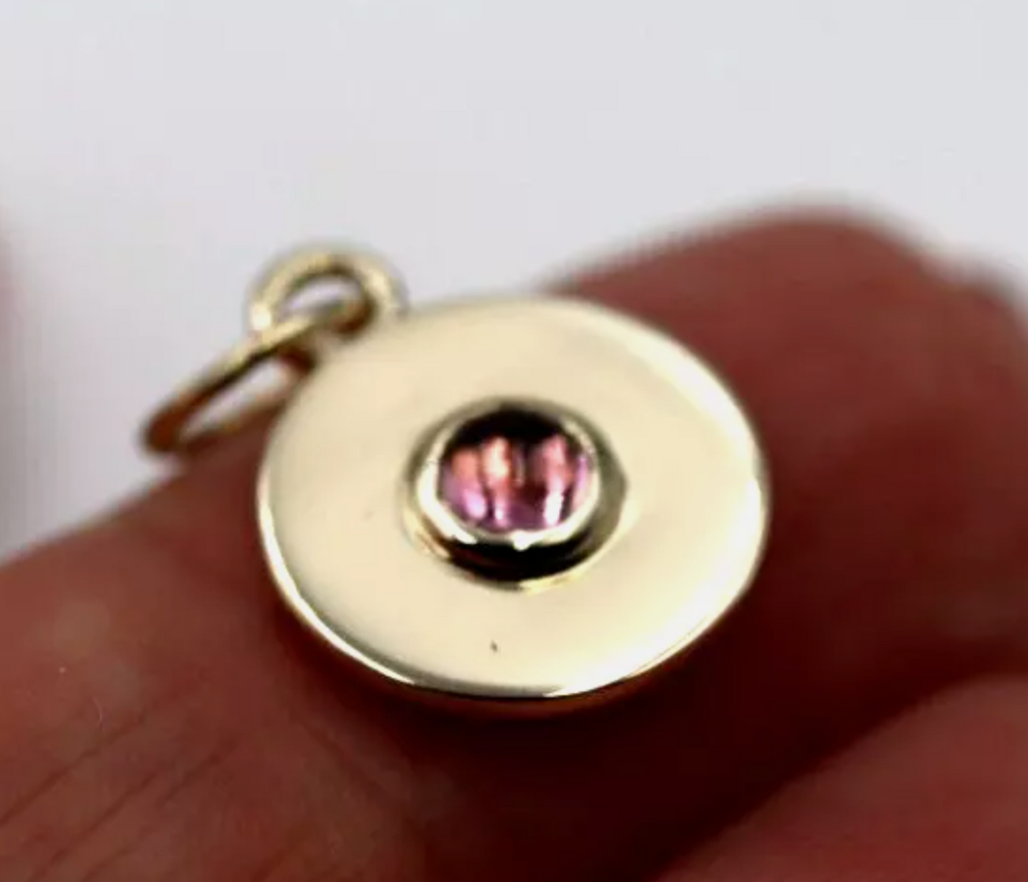 Genuine 9ct 9K 375 Yellow Gold 12mm Cabochon Pink Tourmaline Disc Pendant Charm