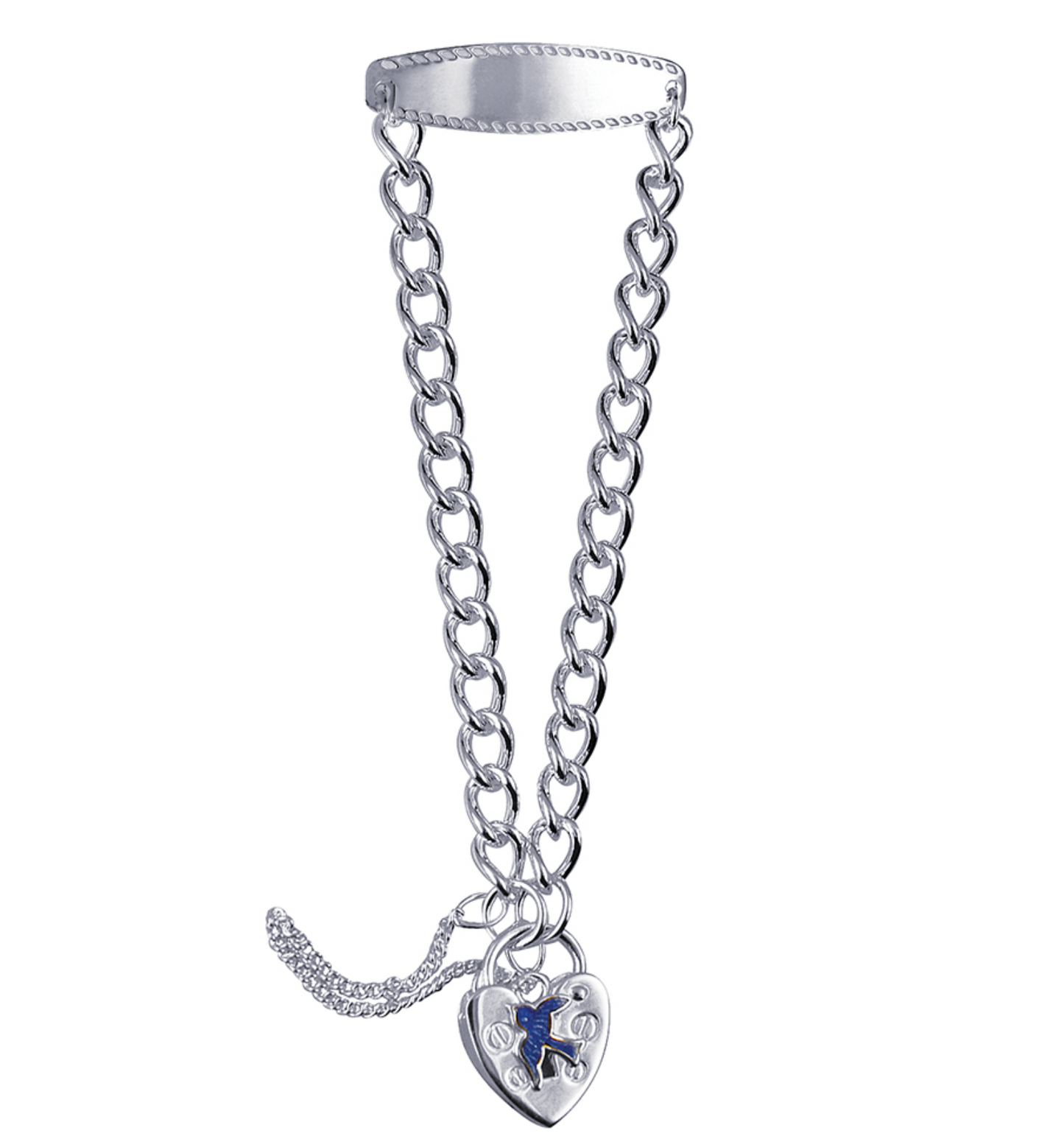 Genuine Sterling Silver 925 Long Curb Child ID with Plain Heart Padlock and Blue Bird