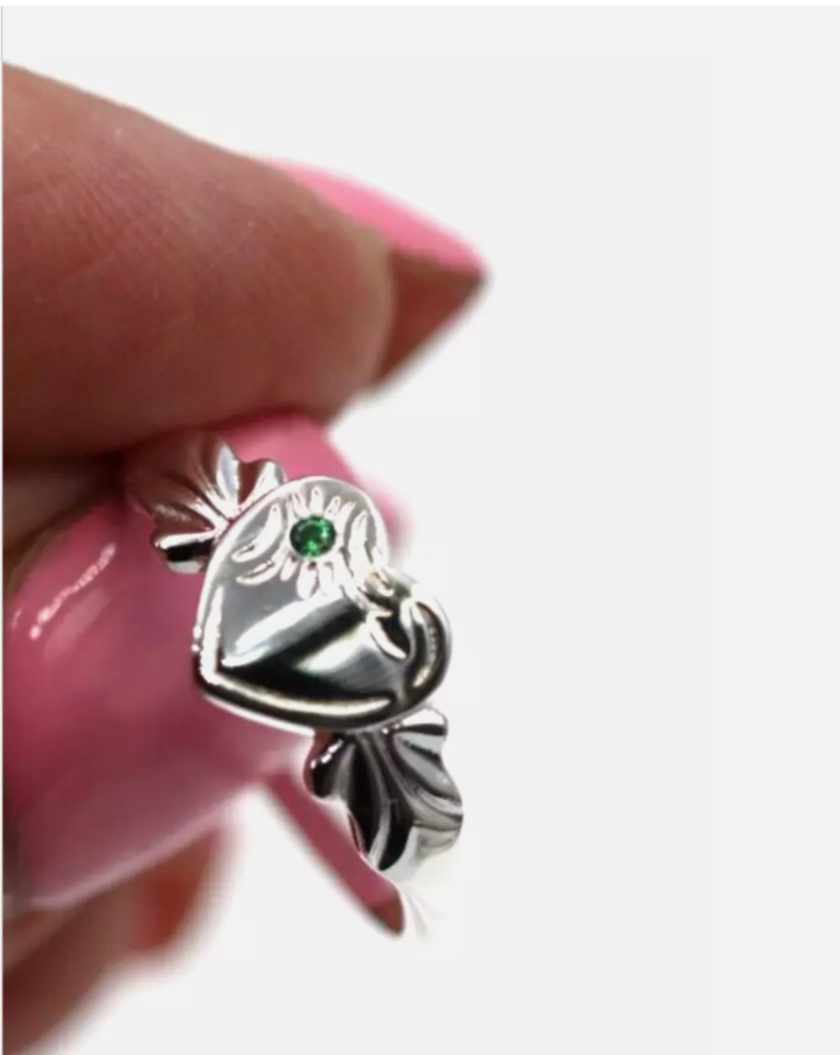 Sterling Silver 925 May Birthstone Heart Signet Ring + Emerald CZ