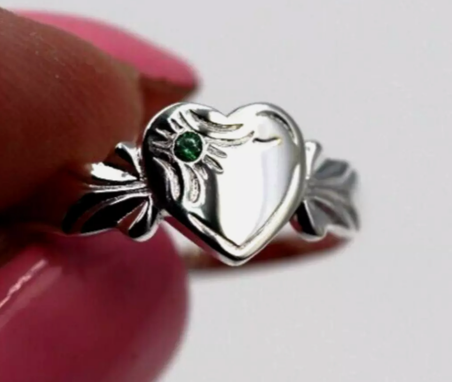 Sterling Silver 925 May Birthstone Heart Signet Ring + Emerald CZ