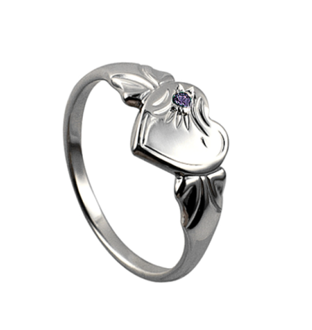 Sterling Silver 925 February Birthstone Heart Signet Ring + Amethyst CZ