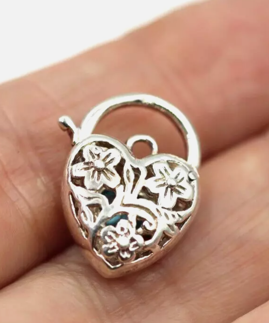 Sterling Silver 925 Filigree Topaz CZ Filigree Heart Padlock 13mm