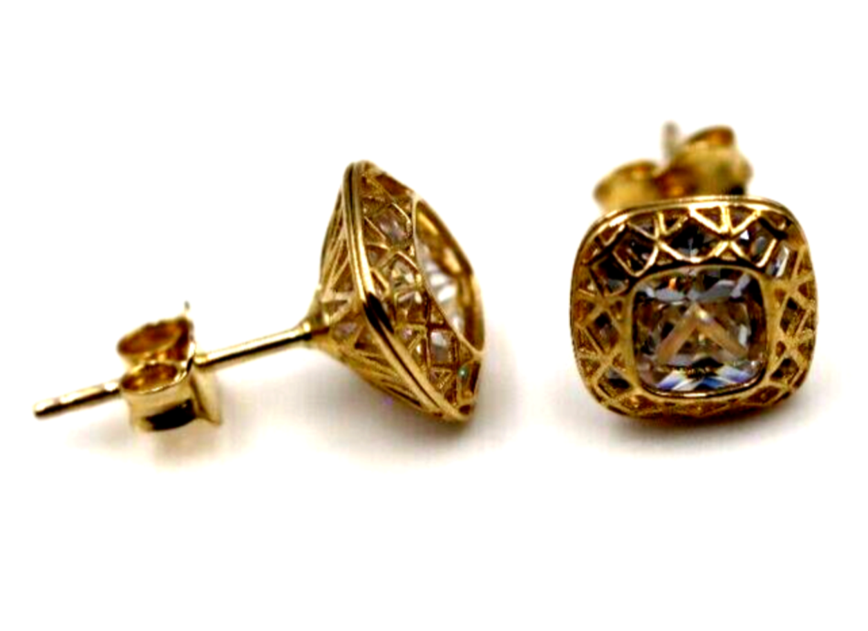 Kaedesigns, 9ct 9K Yellow Gold 9mm Stud CZ Filigree Earrings