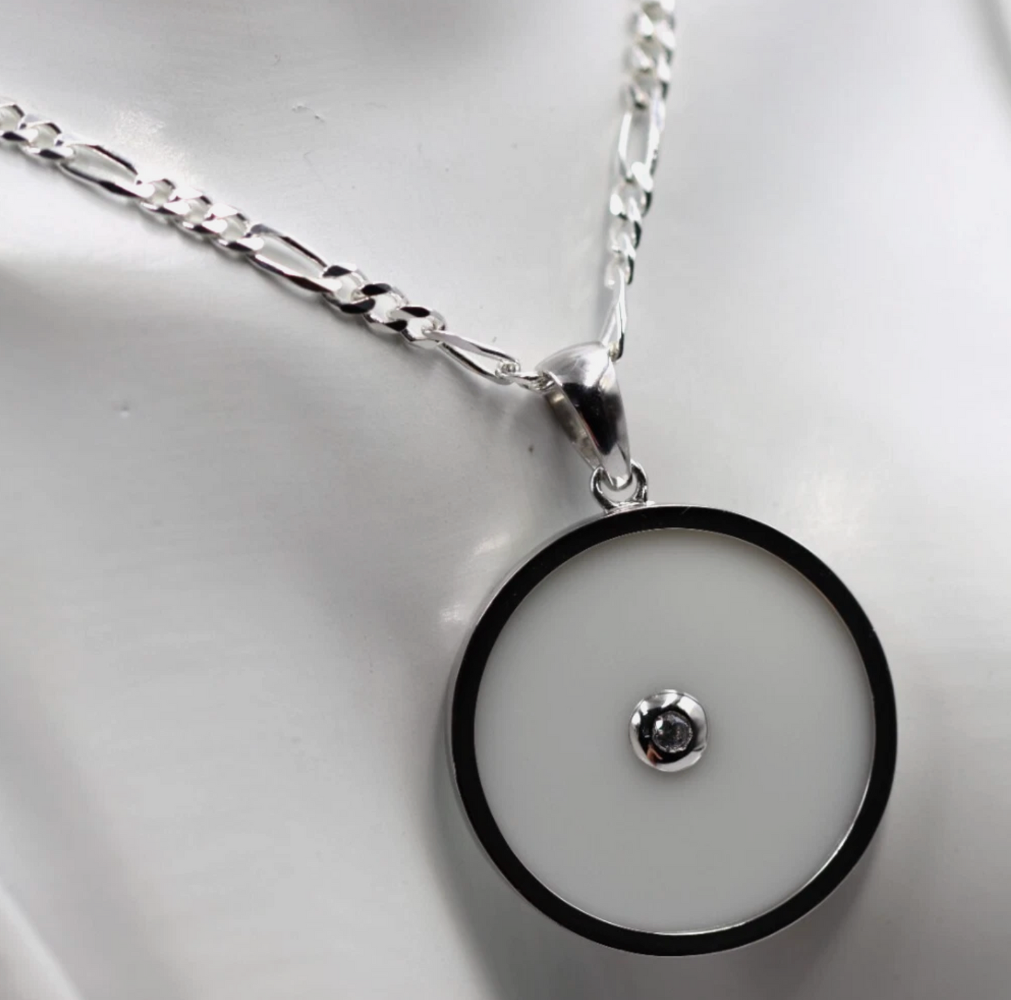 Sterling Silver 925 Large Round White Agate/White CZ Pendant + Chain