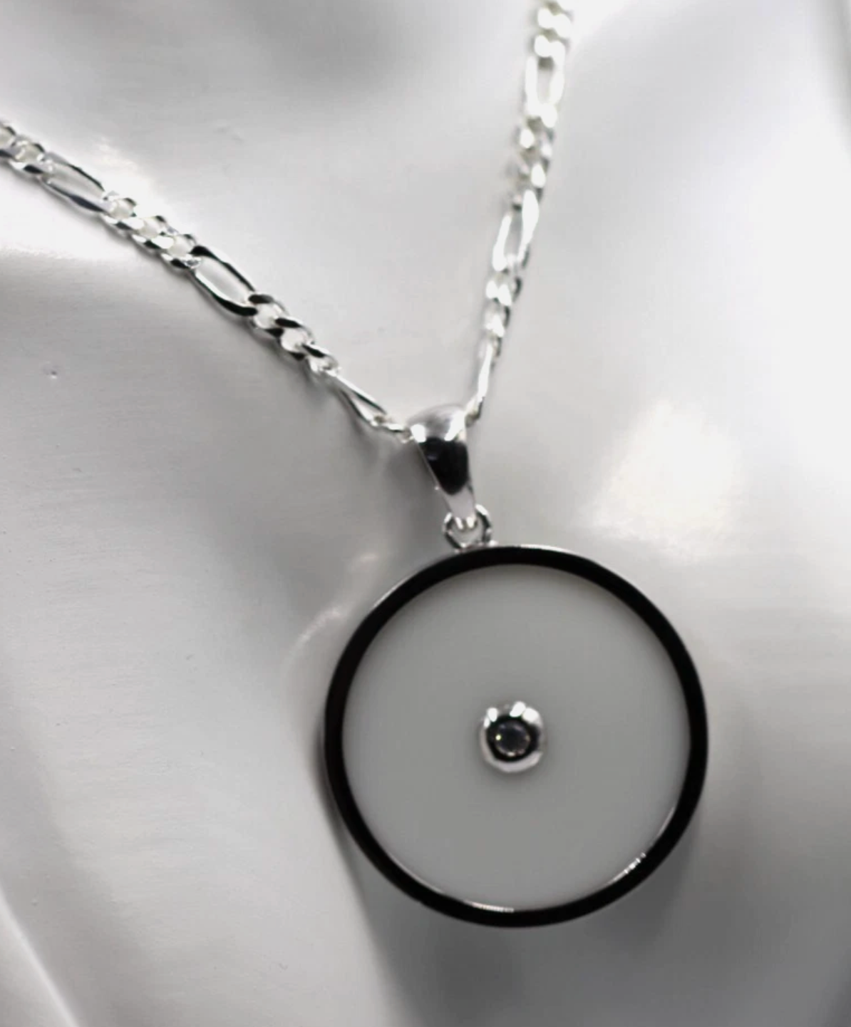 Sterling Silver 925 Large Round White Agate/White CZ Pendant + Chain
