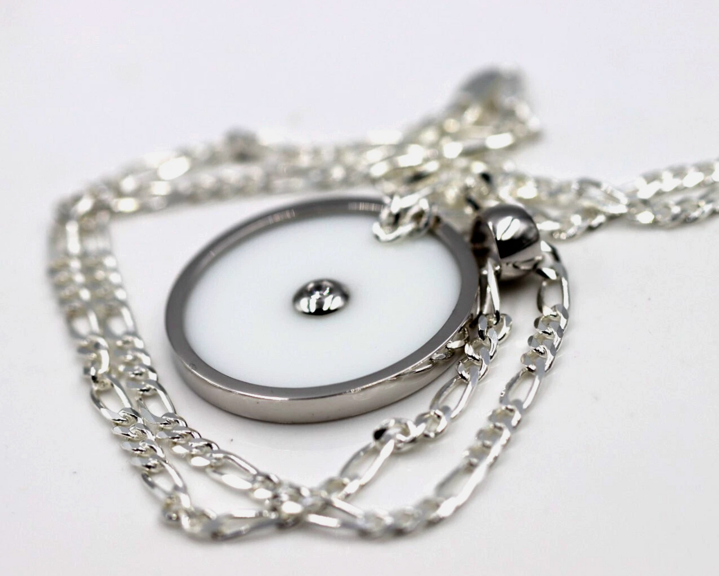 Sterling Silver 925 Large Round White Agate/White CZ Pendant + Chain