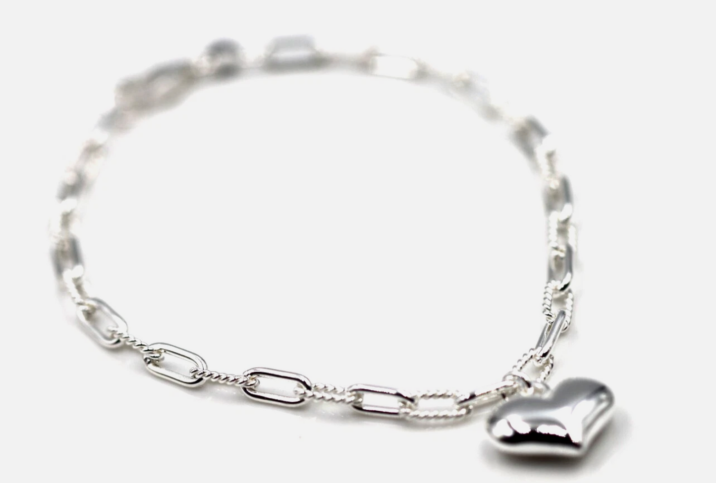 Genuine 925 Sterling Silver Puff Heart 19cm Charm Bracelet