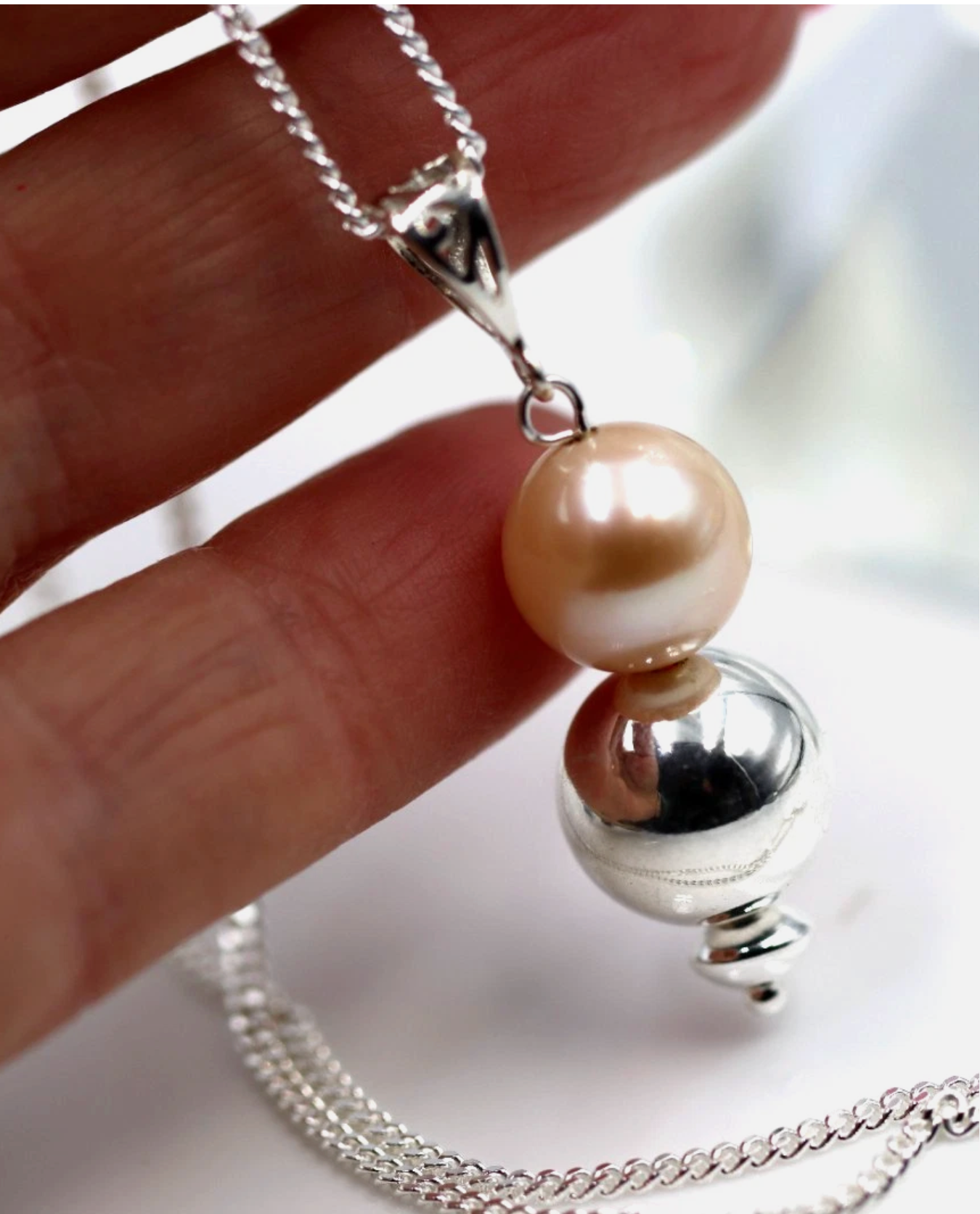 Sterling Silver 925 Freshwater Cultured Peach Pearl Ball Pendant +50cm Chain