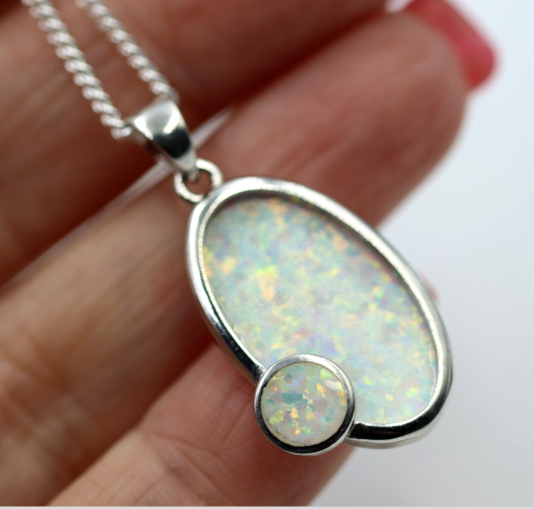 Sterling Silver 925 Oval Syn Opal Pendant + 50cm Necklace