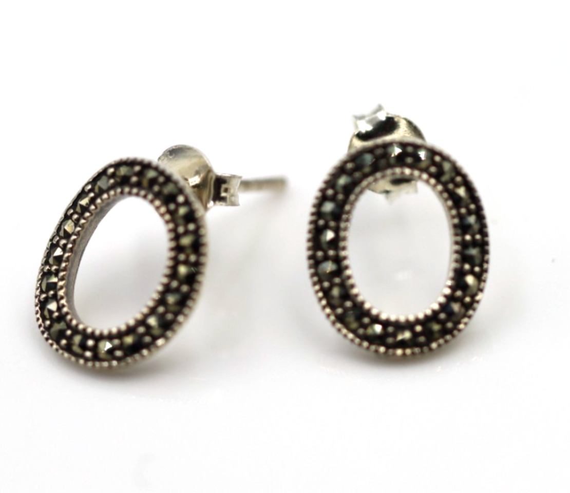 Sterling Silver 925 Marcasite Oval Open Studs Earrings