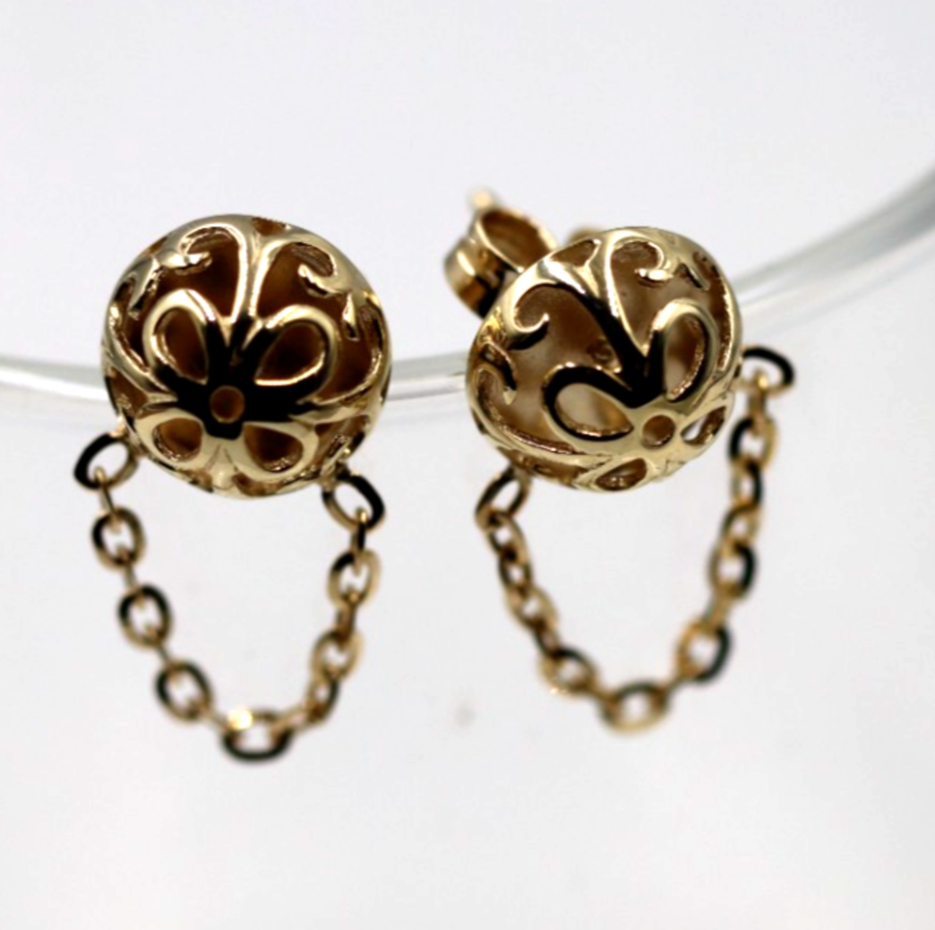 Genuine 9ct Yellow, Rose or White Gold 375 Half Ball 10mm Stud Filigree + Chain Earrings