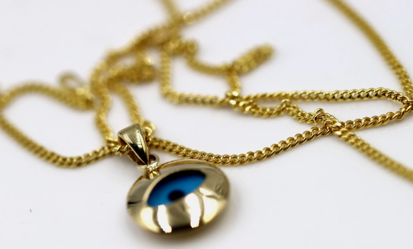 9ct 9k Yellow Gold Curb Necklace / Chain + Greek Mati Nazar Lucky Evil Eye Charm