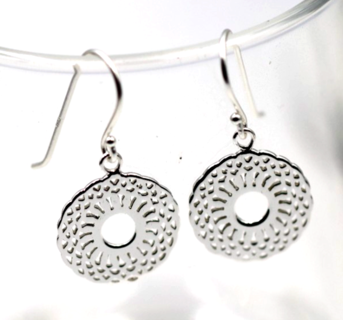 Genuine Sterling Silver 925 Patterned Circular Filigree Earring