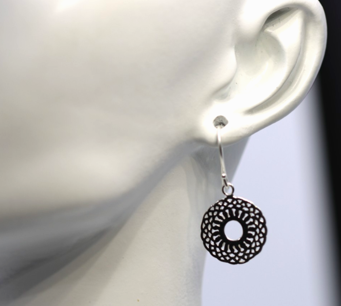 Genuine Sterling Silver 925 Patterned Circular Filigree Earring