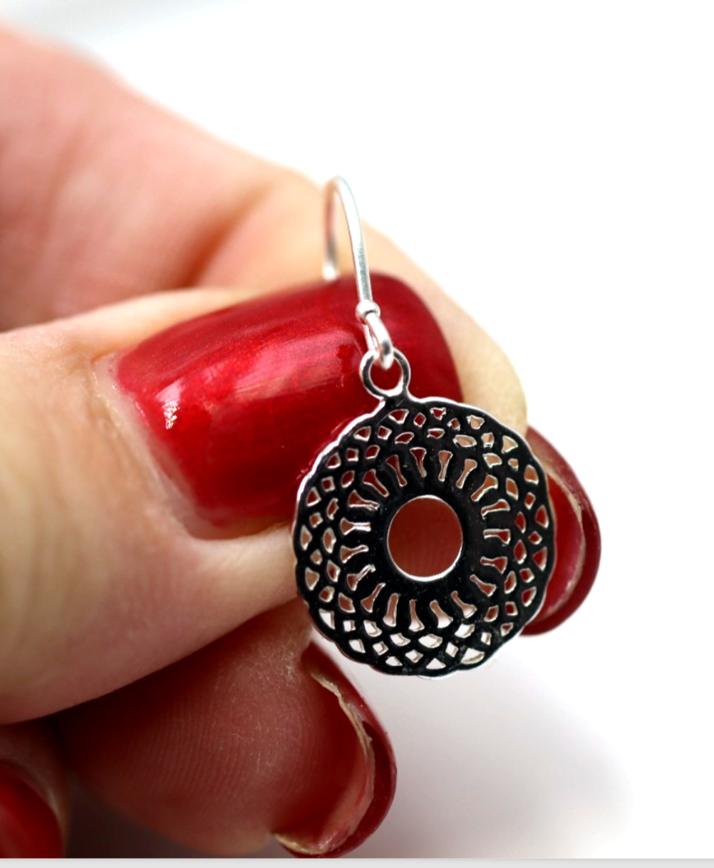 Genuine Sterling Silver 925 Patterned Circular Filigree Earring