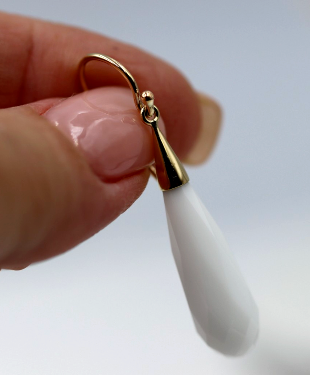 Genuine 9ct 9k 375 Briolette White Obsidian Drop Earwires Earrings