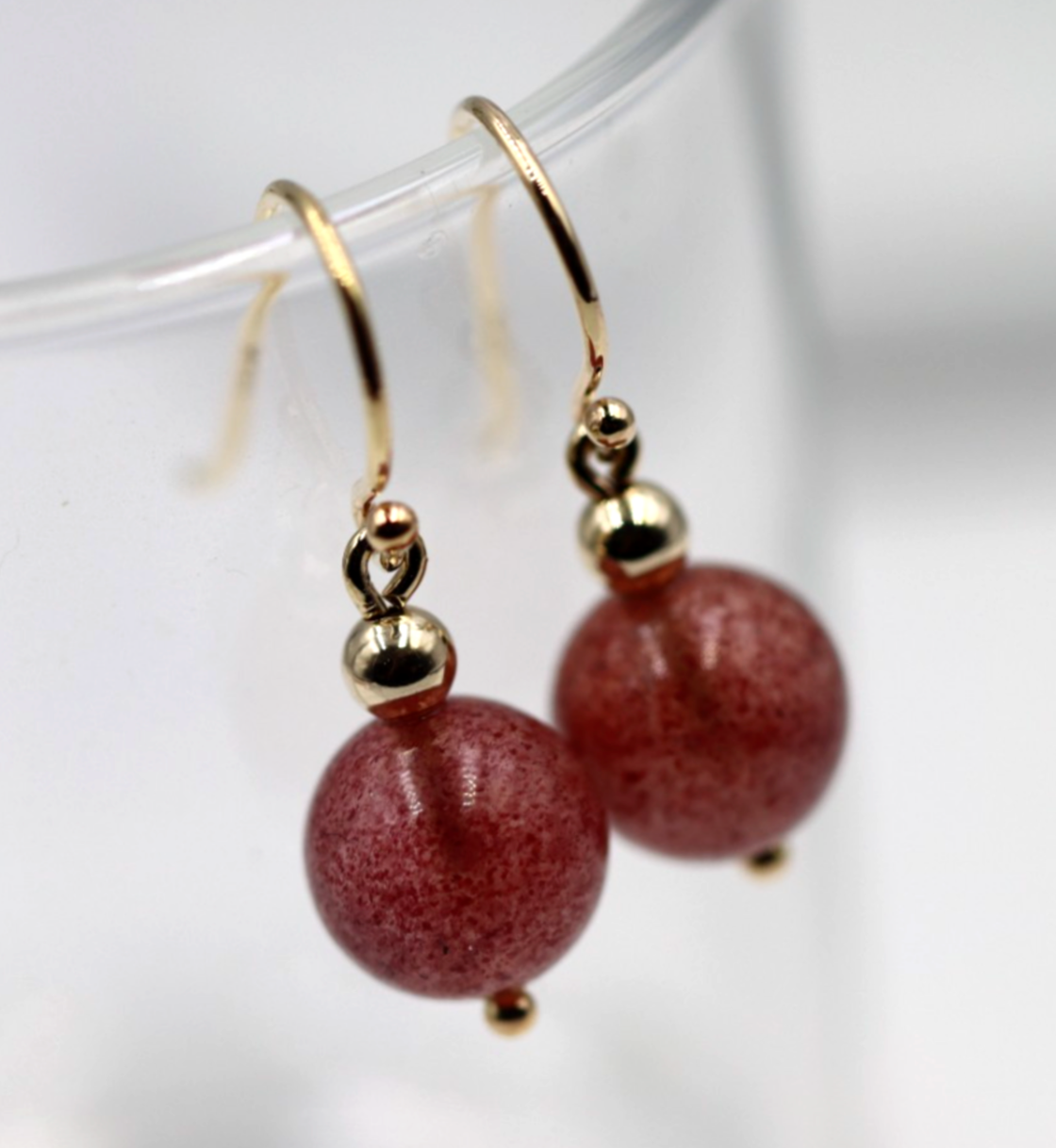 Genuine New 9ct 9k 375 Yellow Gold Strawberry Quartz Ball Earrings