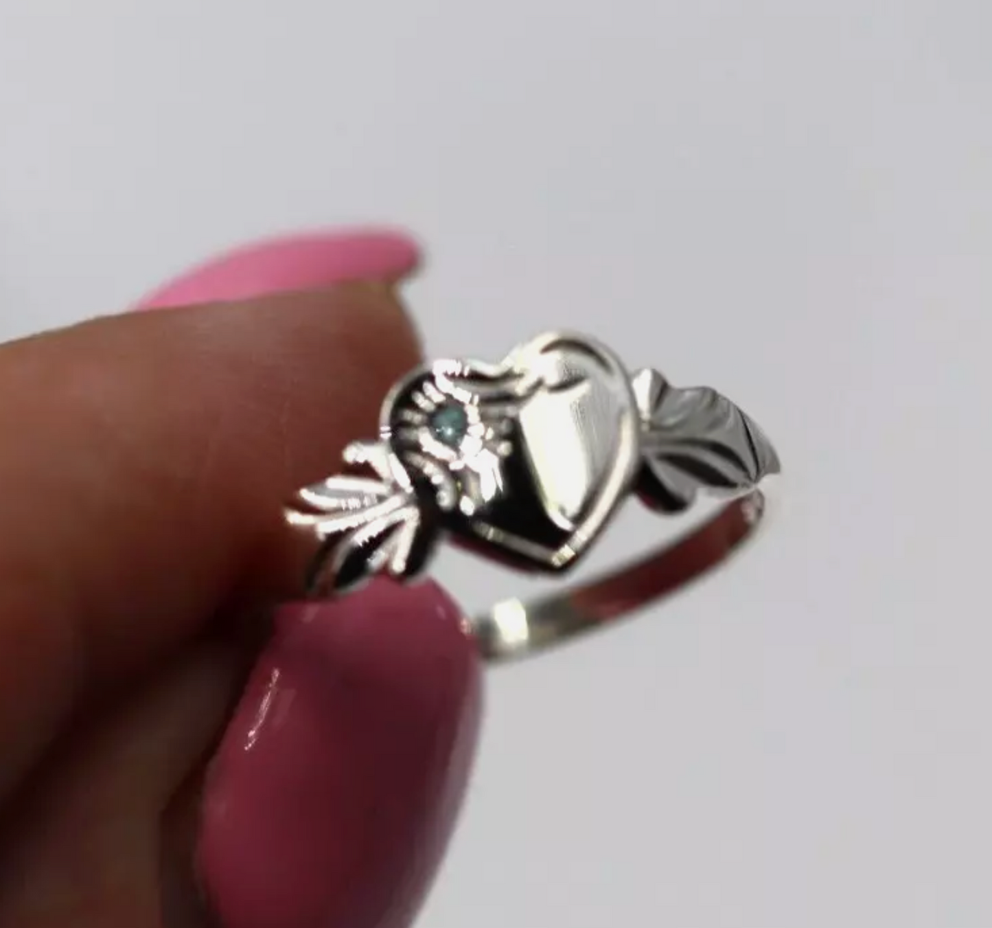 Sterling Silver 925 March Birthstone Heart Signet Ring +Aquamarine CZ