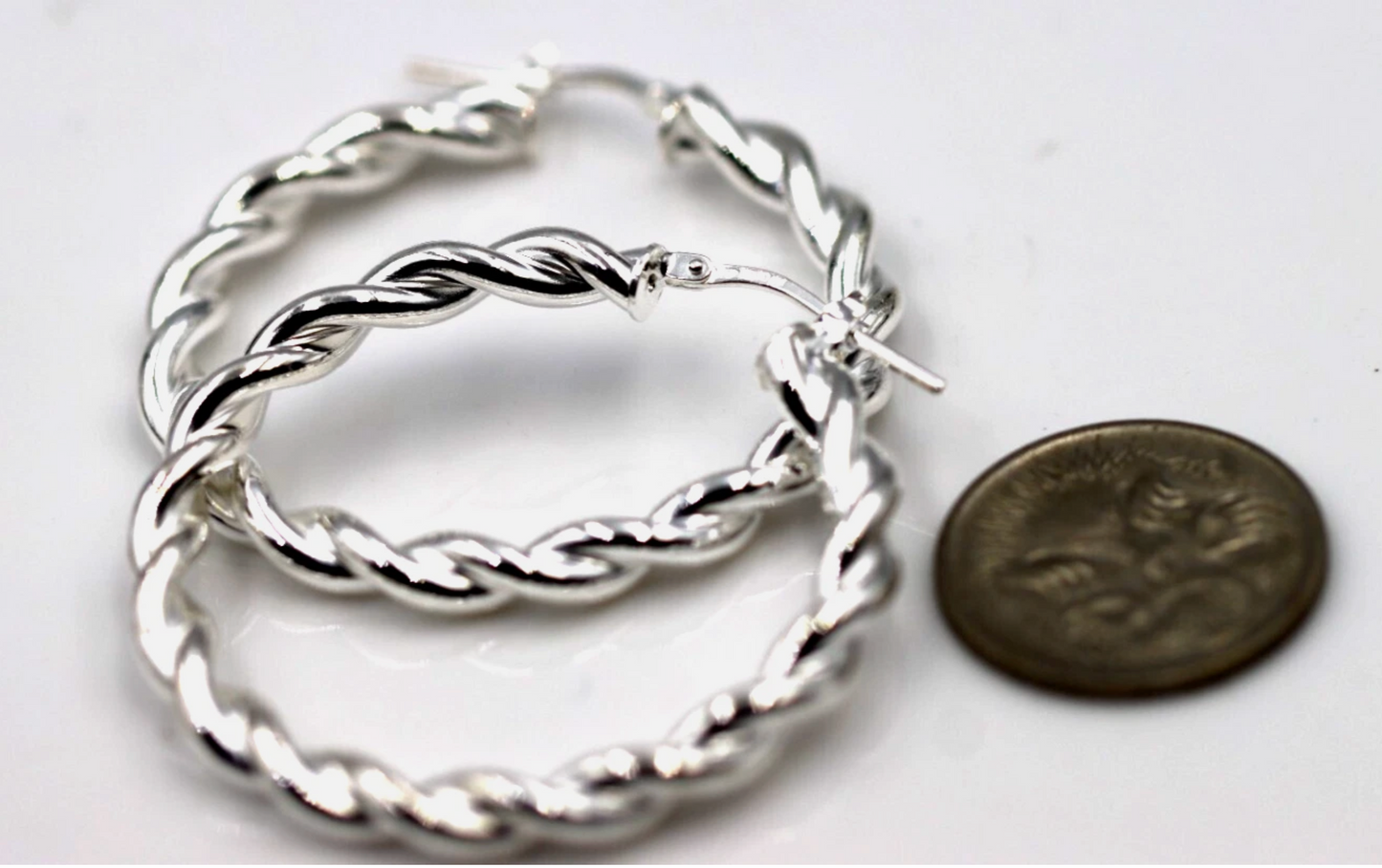 Genuine Large Sterling Silver 925 38mm Round Twist Twisted Hoop Earrings