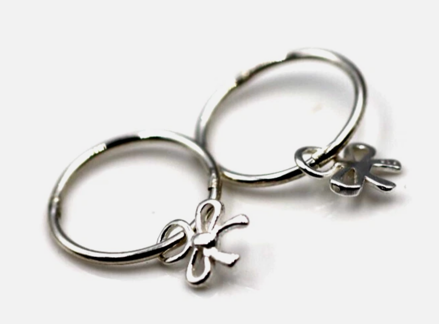 Sterling Silver 925 Sleepers Hinged Hoops Earrings + Bow Charms