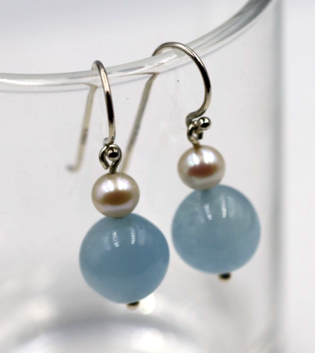 Sterling Silver 925 Freshwater Cultured Pearl & Natural Aquamarine Hook Earrings