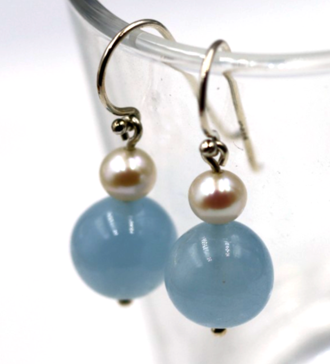 Sterling Silver 925 Freshwater Cultured Pearl & Natural Aquamarine Hook Earrings