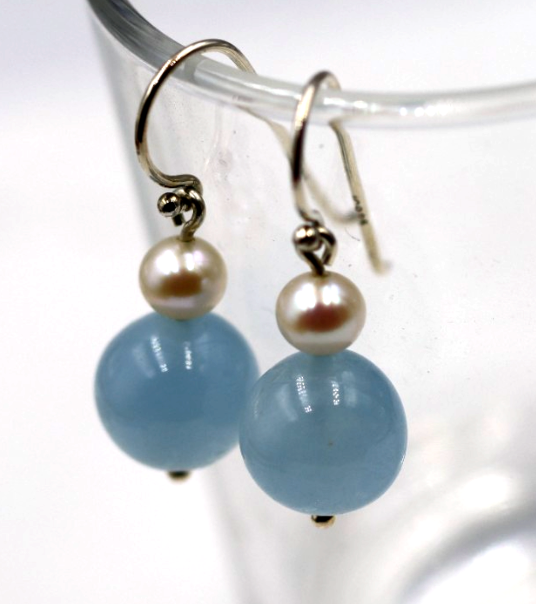 Sterling Silver 925 Freshwater Cultured Pearl & Natural Aquamarine Hook Earrings