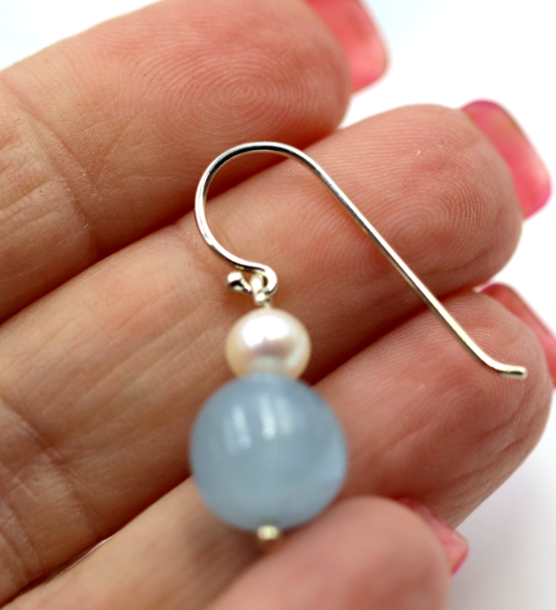 Sterling Silver 925 Freshwater Cultured Pearl & Natural Aquamarine Hook Earrings