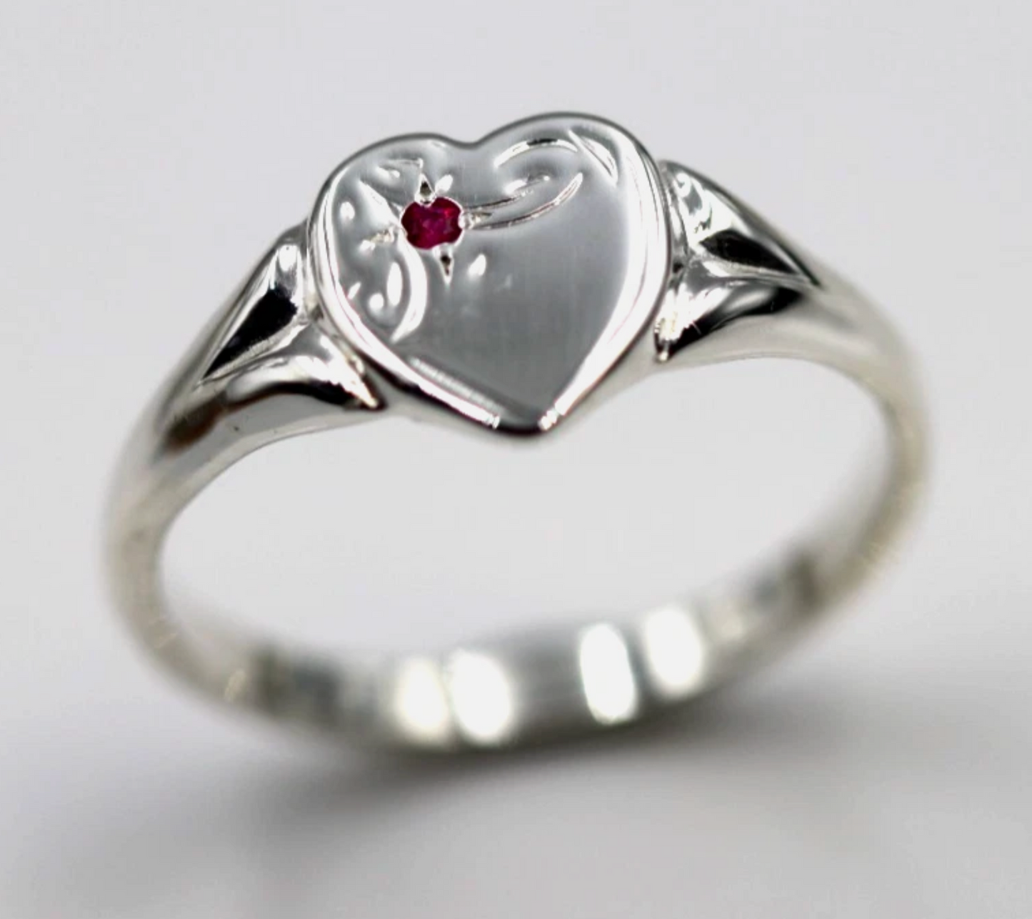 Genuine Large Sterling Silver Heart Set with Garnet Signet Ring - Choose your size